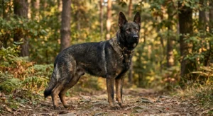 Adult Czech working-line German Shepherd with dark sable coat, straight back, and heavy bone structure standing alert in a forested Central European setting
