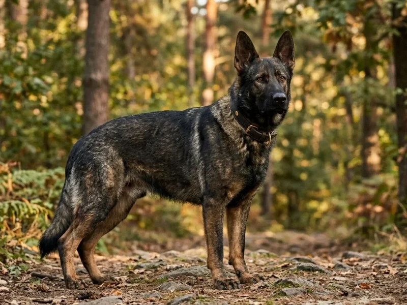 Adult Czech working-line German Shepherd with dark sable coat, straight back, and heavy bone structure standing alert in a forested Central European setting