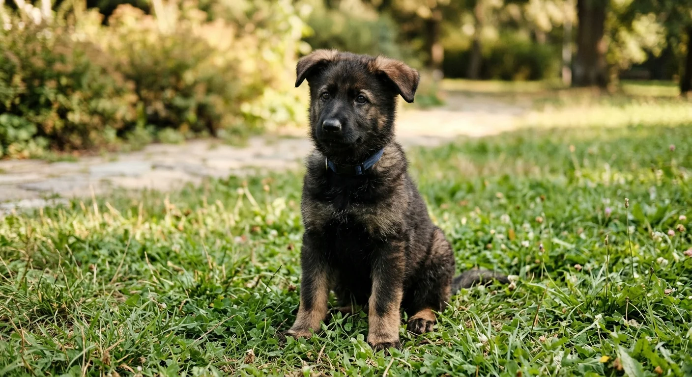 A ten-week-old Czech working-line German Shepherd puppy with dark sable coat sitting on grass in natural outdoor daylight