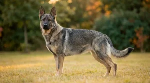 Adult gray sable German Shepherd standing in profile in a sunlit field, agouti-banded wolf-gray coat with tan legs and black mask