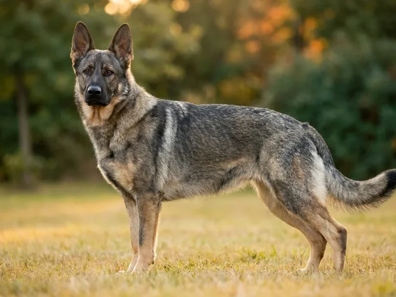 Adult gray sable German Shepherd standing in profile in a sunlit field, agouti-banded wolf-gray coat with tan legs and black mask