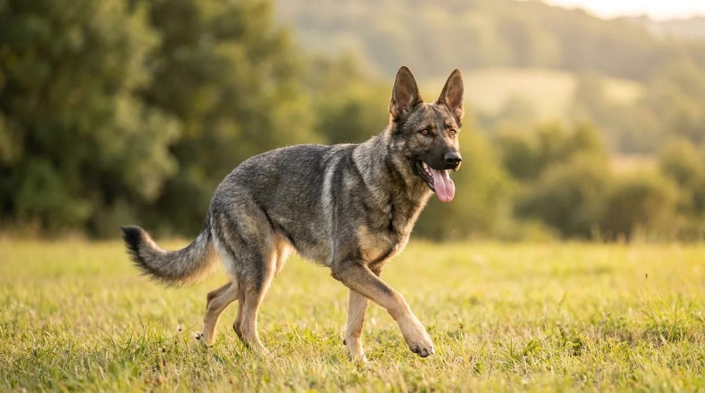 Healthy adult gray sable German Shepherd trotting across a sunlit grassy field with tongue out and a relaxed happy expression.