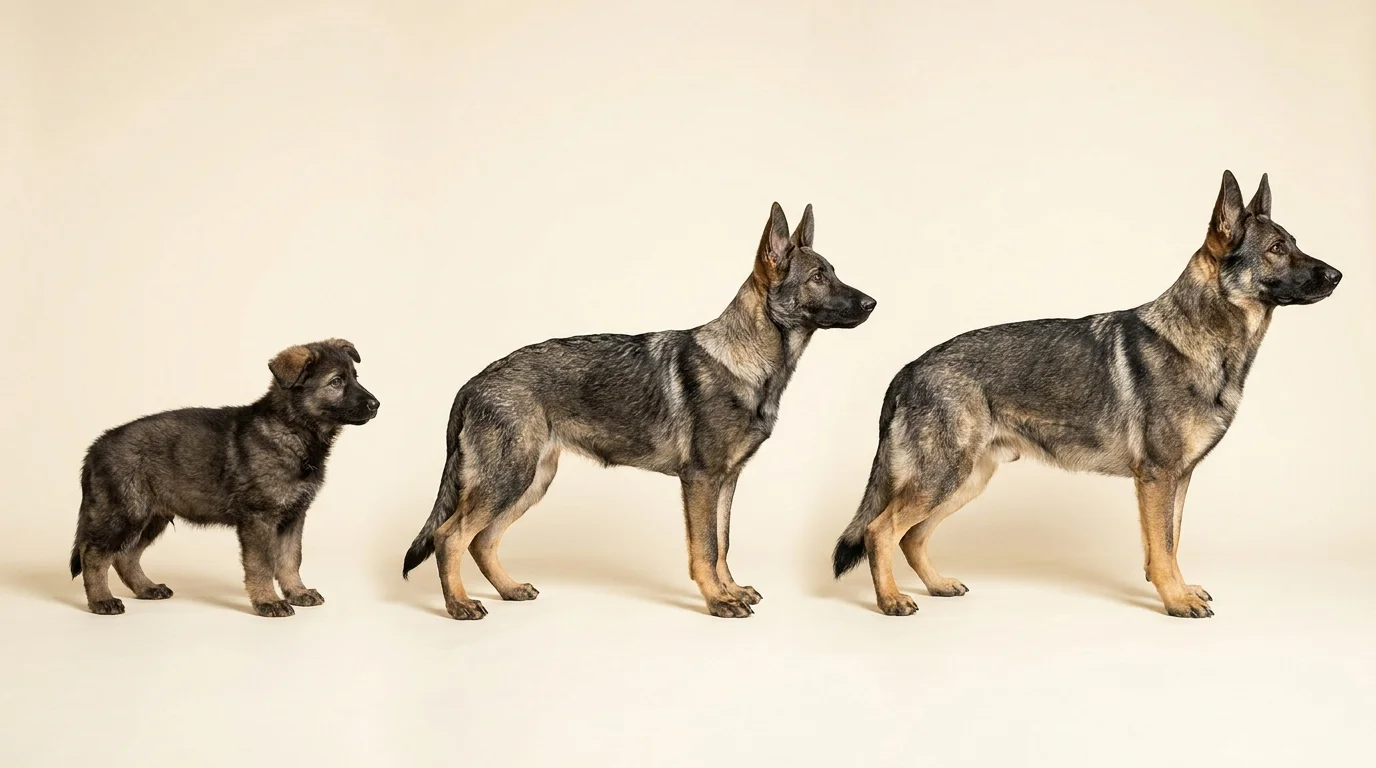 Three gray sable German Shepherds at different life stages arranged left to right: an eight-week puppy with dark soft fur, a six-month adolescent with erect ears and visible agouti banding, and an adult with a fully expressed wolf-gray sable coat.