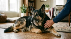 An older adult black-and-tan German Shepherd resting calmly on a wood floor beside the owner's hand