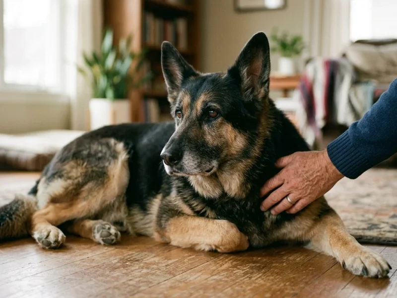 An older adult black-and-tan German Shepherd resting calmly on a wood floor beside the owner's hand