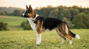 Purebred panda German Shepherd standing in profile on grass, showing the classic black-and-tan saddle and sloping German Shepherd topline with the KIT-gene white markings: a white blaze up the muzzle, a broad white collar and chest, white lower legs, and a white tail tip
