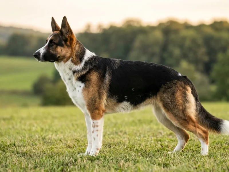 Purebred panda German Shepherd standing in profile on grass, showing the classic black-and-tan saddle and sloping German Shepherd topline with the KIT-gene white markings: a white blaze up the muzzle, a broad white collar and chest, white lower legs, and a white tail tip