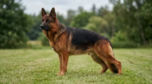A West German show line German Shepherd standing in a natural show stance on grass, showing the deep red and black colouring, black saddle and black mask typical of the line