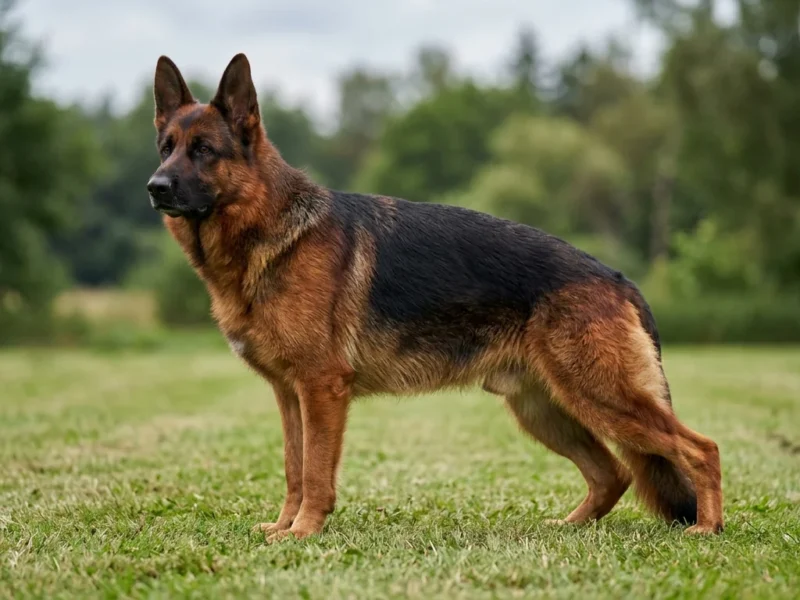 A West German show line German Shepherd standing in a natural show stance on grass, showing the deep red and black colouring, black saddle and black mask typical of the line
