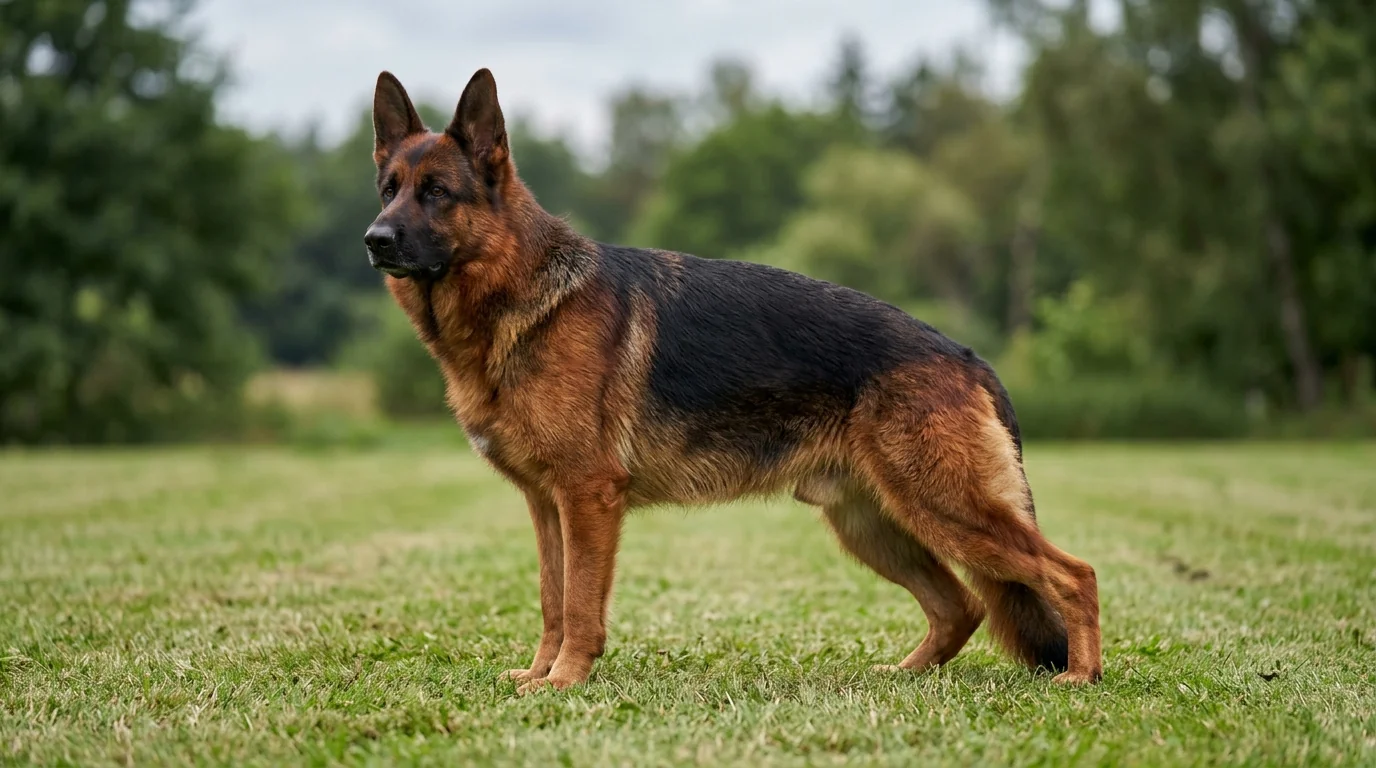A West German show line German Shepherd standing in a natural show stance on grass, showing the deep red and black colouring, black saddle and black mask typical of the line.