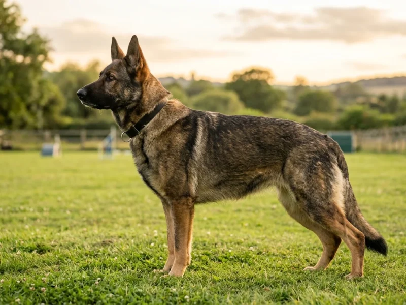 A sable-coated working line German Shepherd standing alert on a training field, ears forward, athletic build visible in profile.