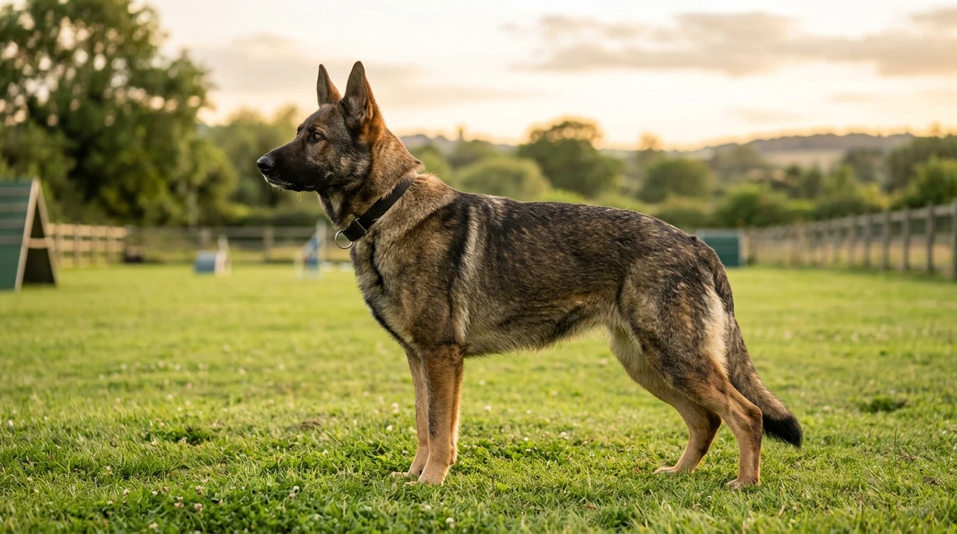 A sable-coated working line German Shepherd standing alert on a training field, ears forward, athletic build visible in profile.