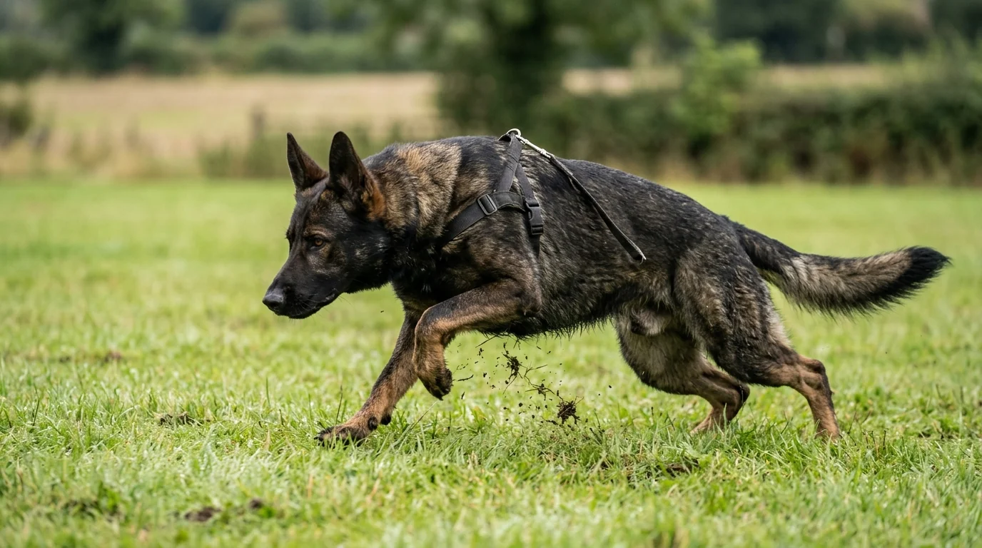 Dark sable working-line German Shepherd driving forward low and focused across a grass training field, showing the level topline and square athletic build typical of working lines