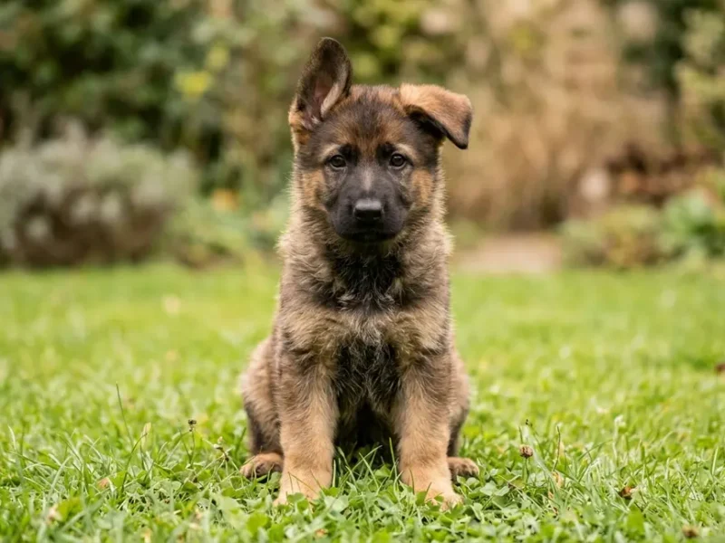 10-week-old German Shepherd puppy sitting alert on green lawn in natural light
