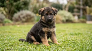 Six week old German Shepherd puppy sitting on green grass with floppy ears and alert eyes