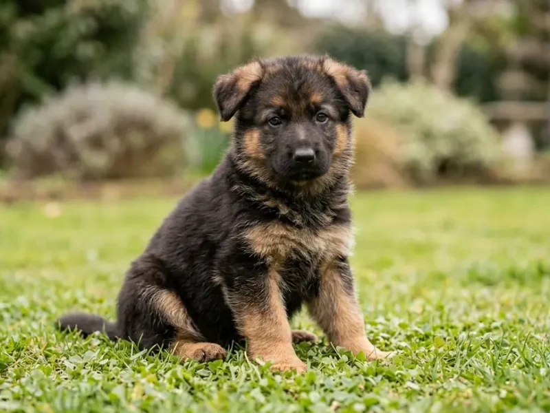 Six week old German Shepherd puppy sitting on green grass with floppy ears and alert eyes