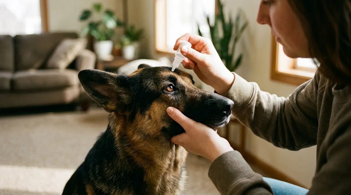 Owner applying prescription eye drops to a calm German Shepherd dog at home