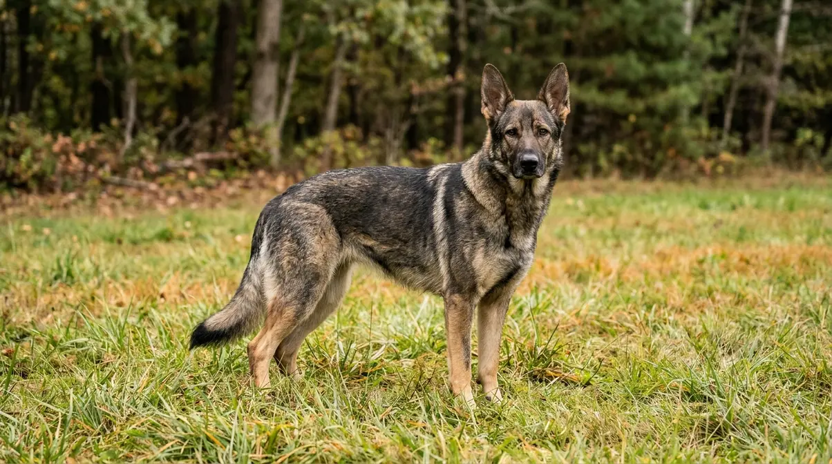 Adult female German Shepherd standing attentive outdoors showing leaner build and wedge-shaped head