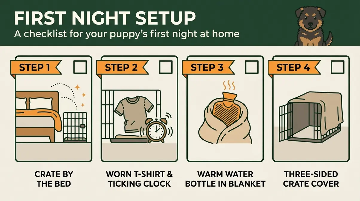First night checklist infographic for a 6 week old German Shepherd puppy showing crate setup steps