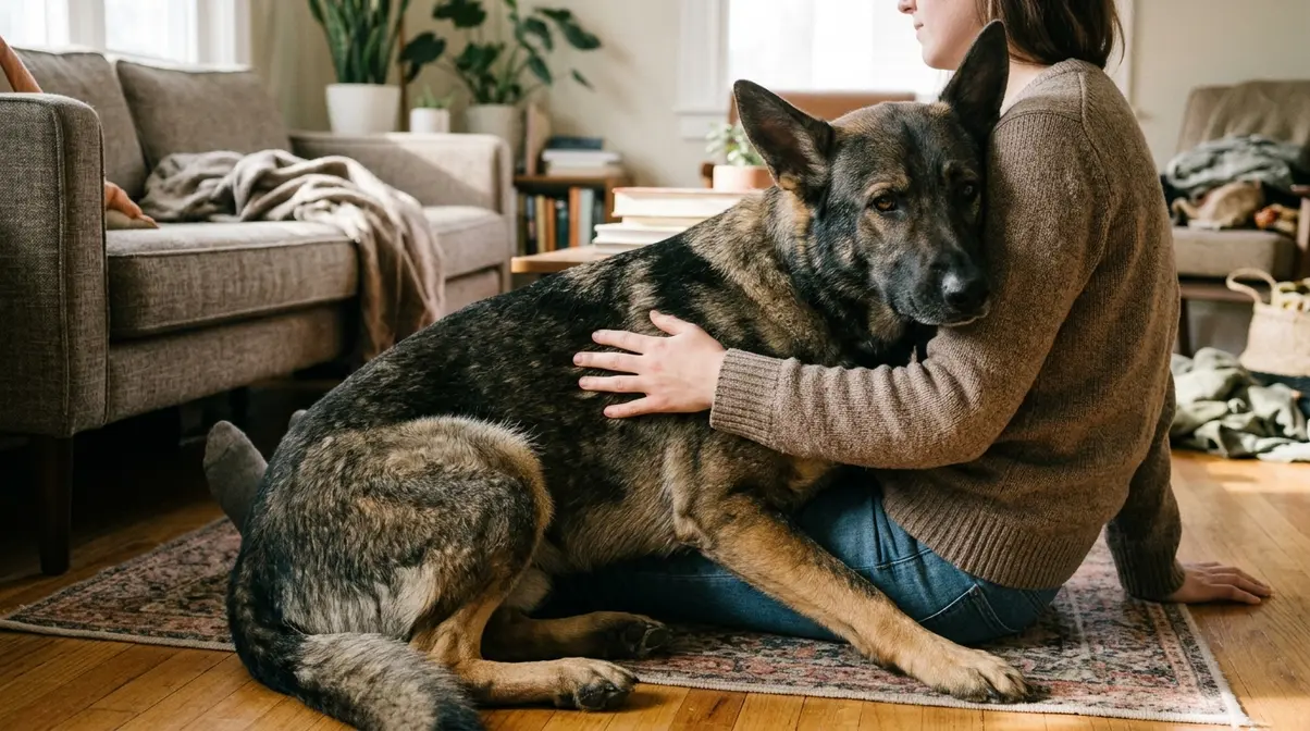 German Shepherd leaning against owner in a warm home interior showing affectionate bonding behavior
