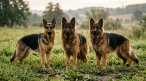 Three German Shepherd dogs showing stock coat, plush coat and long coat side by side in a field