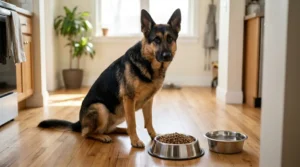 Healthy German Shepherd sitting beside a full food bowl in a bright home kitchen