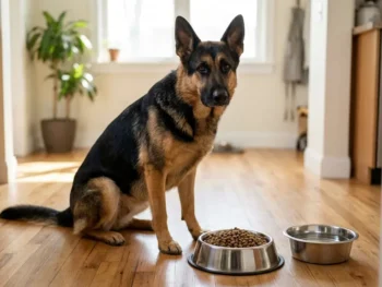 Healthy German Shepherd sitting beside a full food bowl in a bright home kitchen