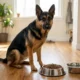 Healthy German Shepherd sitting beside a full food bowl in a bright home kitchen