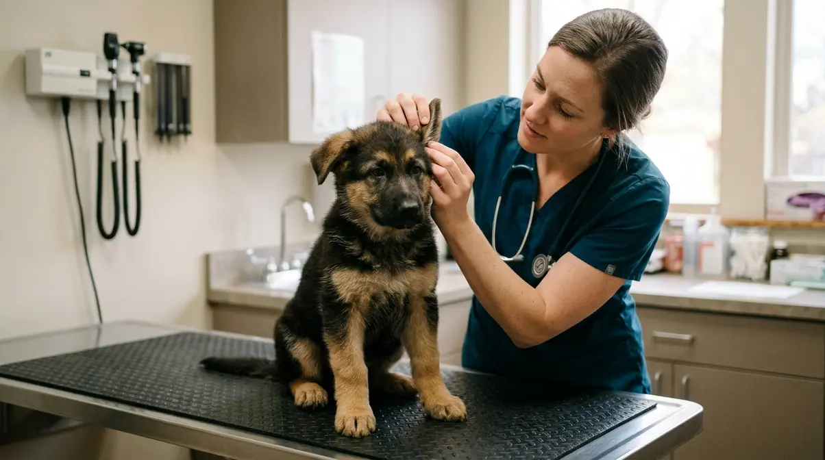 Veterinarian gently examining a German Shepherd puppy ear in a clean clinic setting