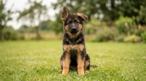 German Shepherd puppy with one ear up and one floppy sitting on grass outdoors