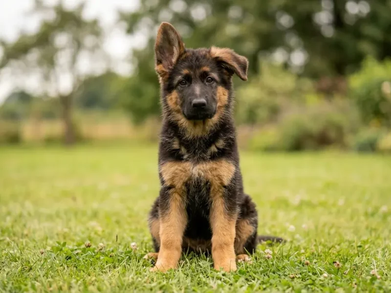 German Shepherd puppy with one ear up and one floppy sitting on grass outdoors