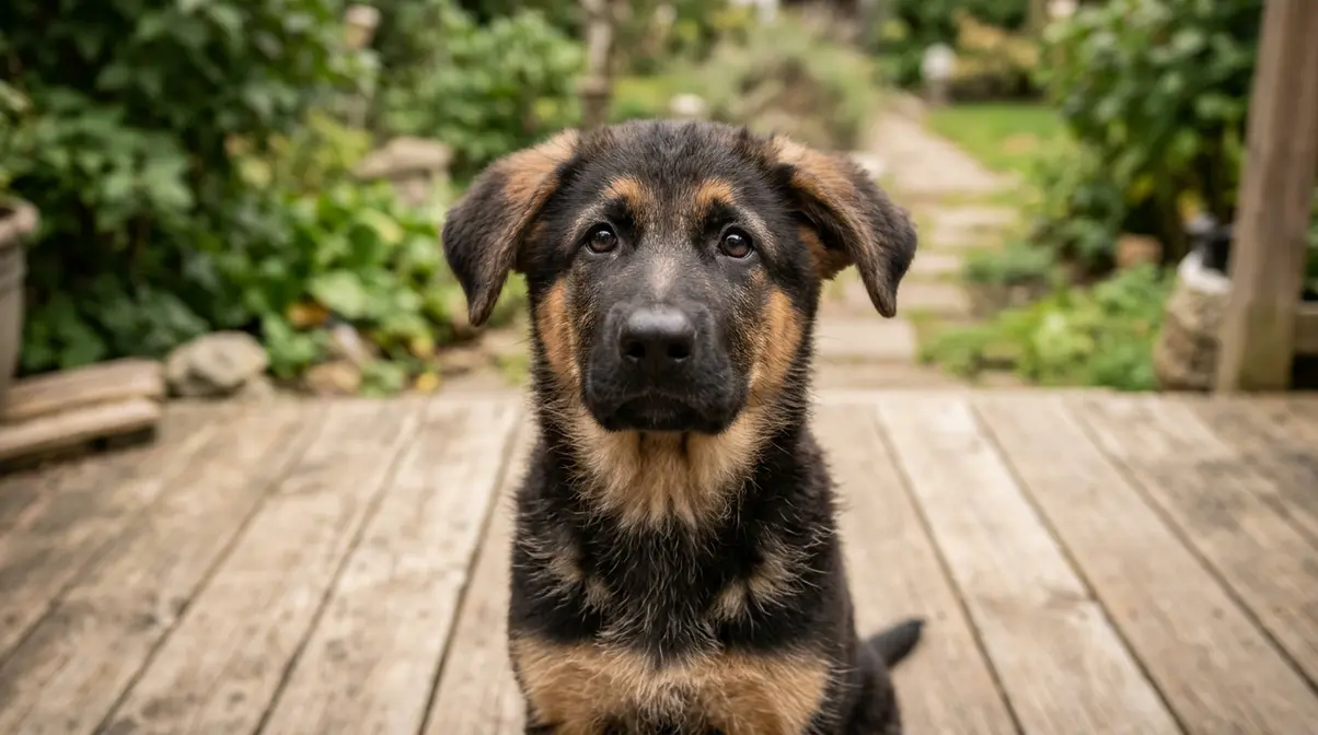 German Shepherd puppy with floppy ears sitting on a wooden deck looking up calmly