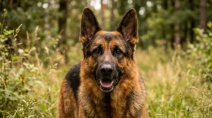 German Shepherd dog with alert eyes in a natural outdoor grassy setting