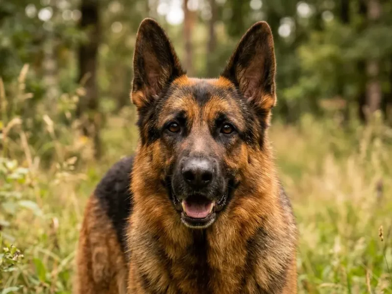 German Shepherd dog with alert eyes in a natural outdoor grassy setting