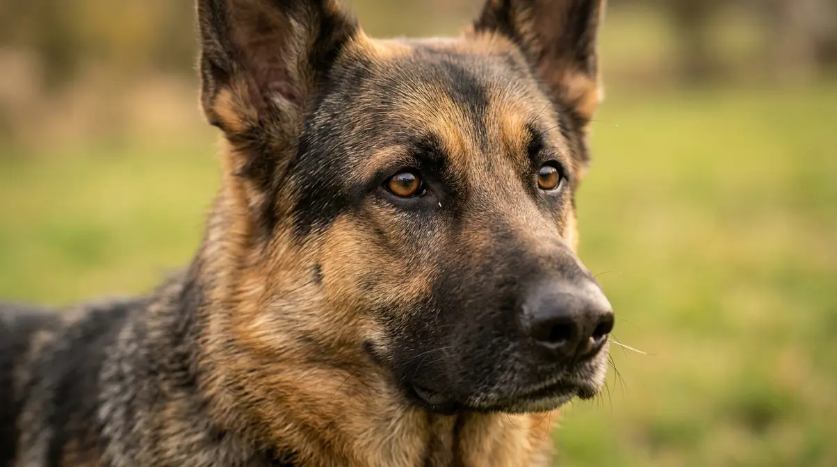 Adult German Shepherd with clear healthy eyes photographed in natural outdoor light