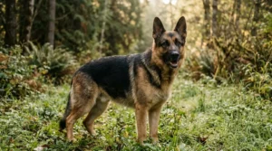 Adult German Shepherd standing alert in a green outdoor field, ears upright