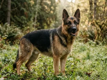Adult German Shepherd standing alert in a green outdoor field, ears upright