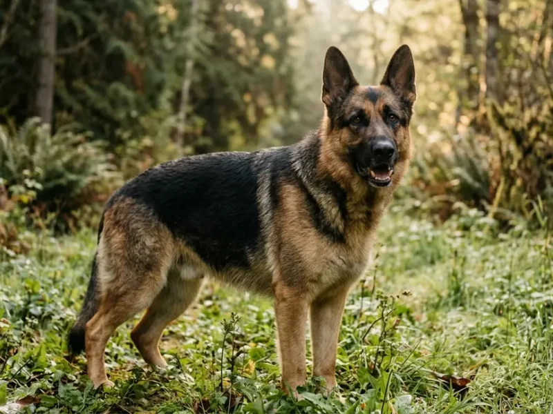 Adult German Shepherd standing alert in a green outdoor field, ears upright