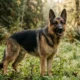 Adult German Shepherd standing alert in a green outdoor field, ears upright