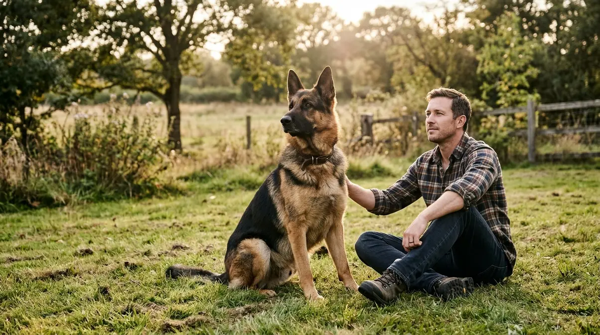 German Shepherd sitting alert beside a family member outdoors in a protective watchful stance