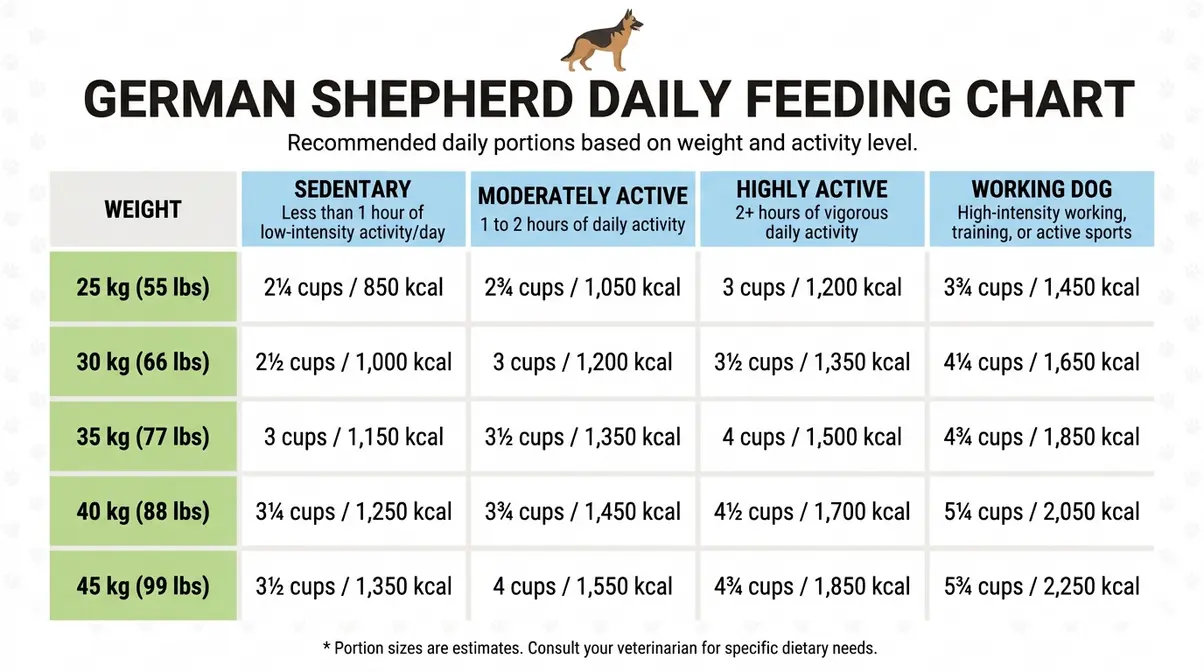 German Shepherd feeding chart showing daily cups and calories by body weight and activity level