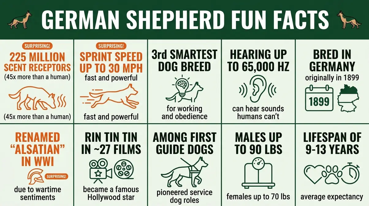 Fun facts infographic about German Shepherds covering scent receptors, sprint speed, intelligence ranking, and breed history
