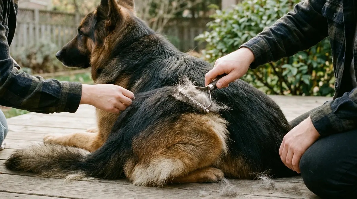 Person brushing a German Shepherd's thick double coat with a slicker brush during regular grooming session