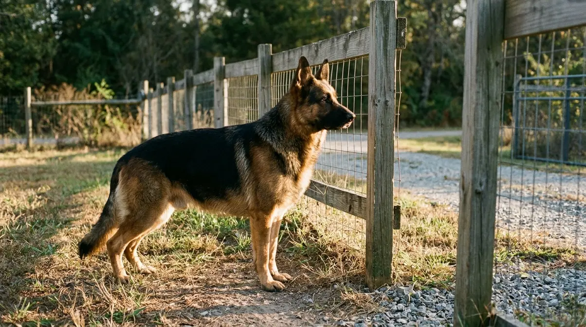 Large male German Shepherd standing alert at a property fence line in territorial guarding posture