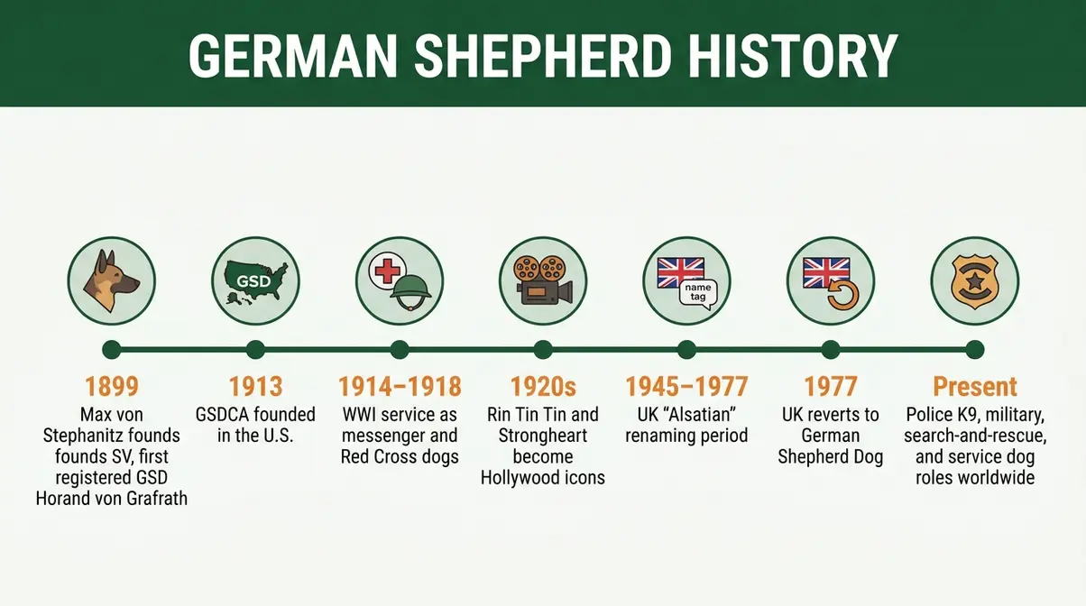 German Shepherd history timeline from 1899 breed founding through 1920s film stardom to 1977 name restoration in the UK