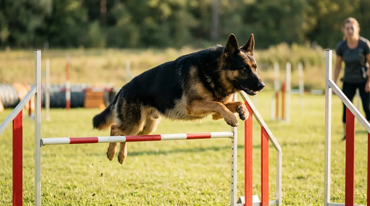 German Shepherd engaged in obedience training exercise outdoors demonstrating working intelligence and responsiveness