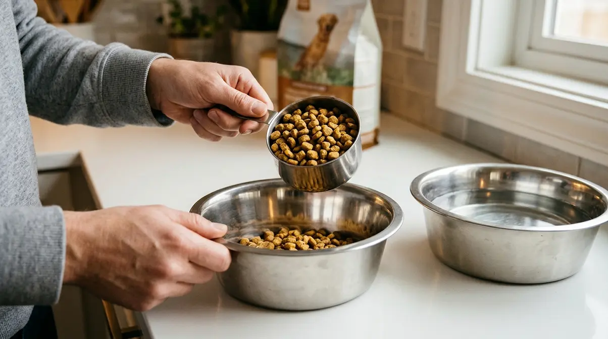 Person measuring precise kibble portions into a stainless steel dog bowl on a kitchen counter