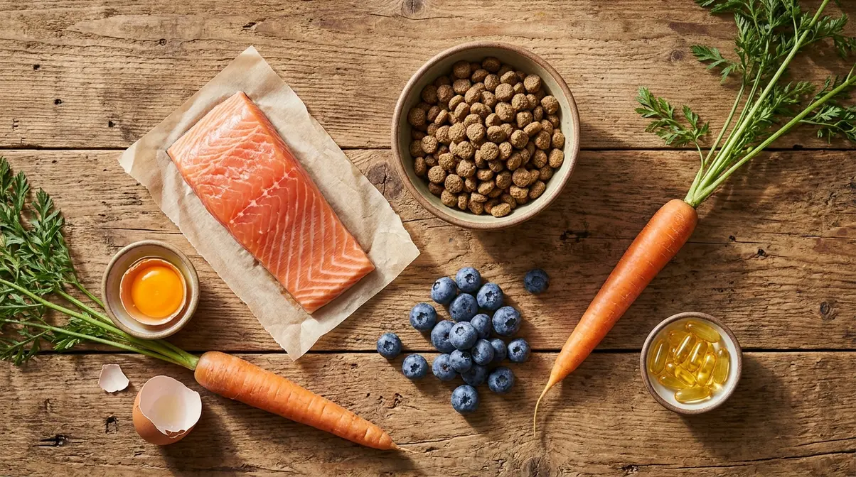 Overhead flat-lay of fresh foods showing key nutritional ingredients for a German Shepherd diet