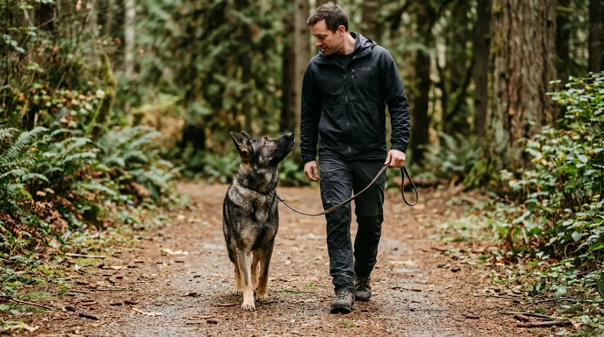 German Shepherd walking closely beside owner on a forest path showing intense bond