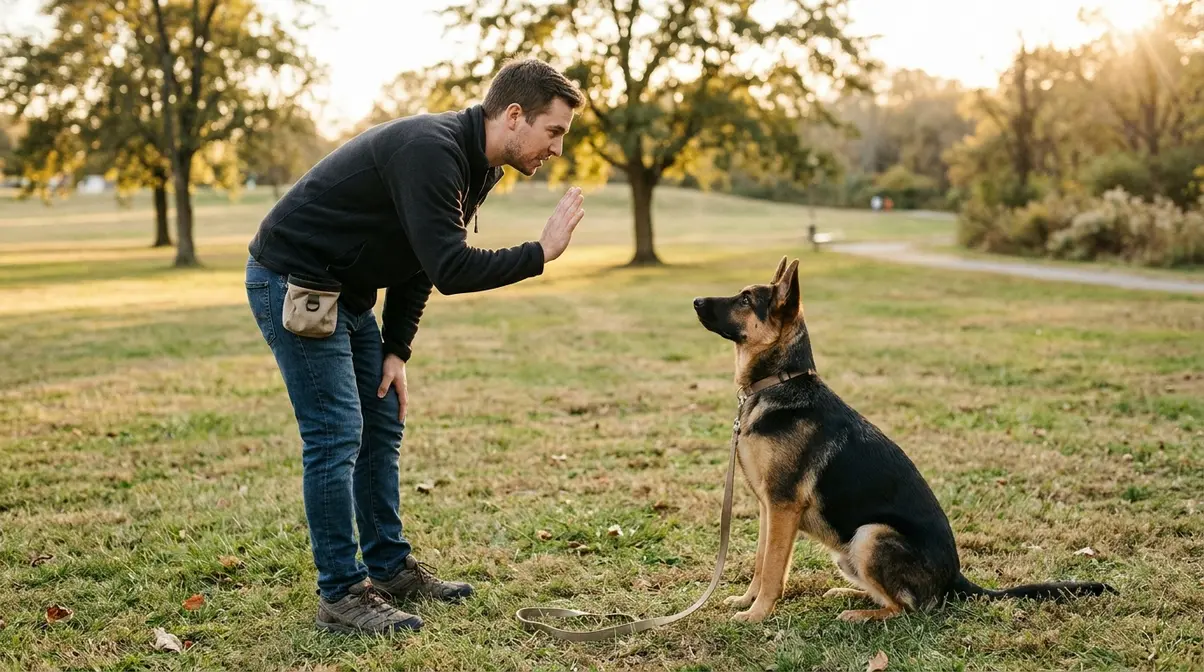 First-time owner training a young German Shepherd outdoors with hand signal command in a park setting